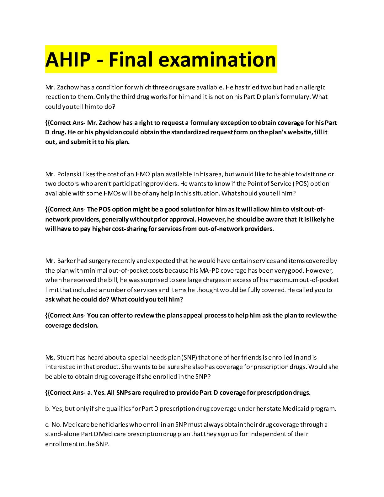 Preview of AHIP - Final examination Best for 2022 with all the correct answers (Actual test 100% veri